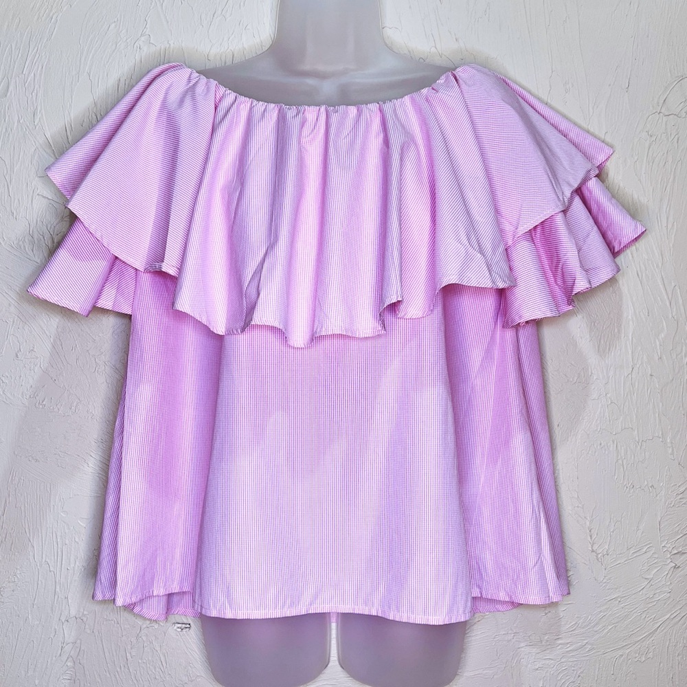 Pink Ruffle Micro Check Off The Shoulder Top Womens M